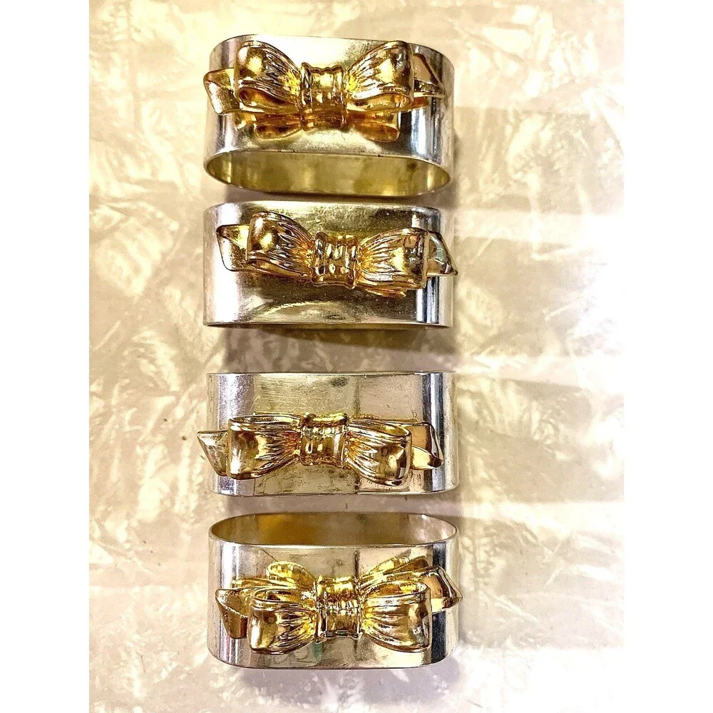 Vintage Regal Quality Silver Plated Napkin Rings Gold Bow Set of 4 Hong Kong